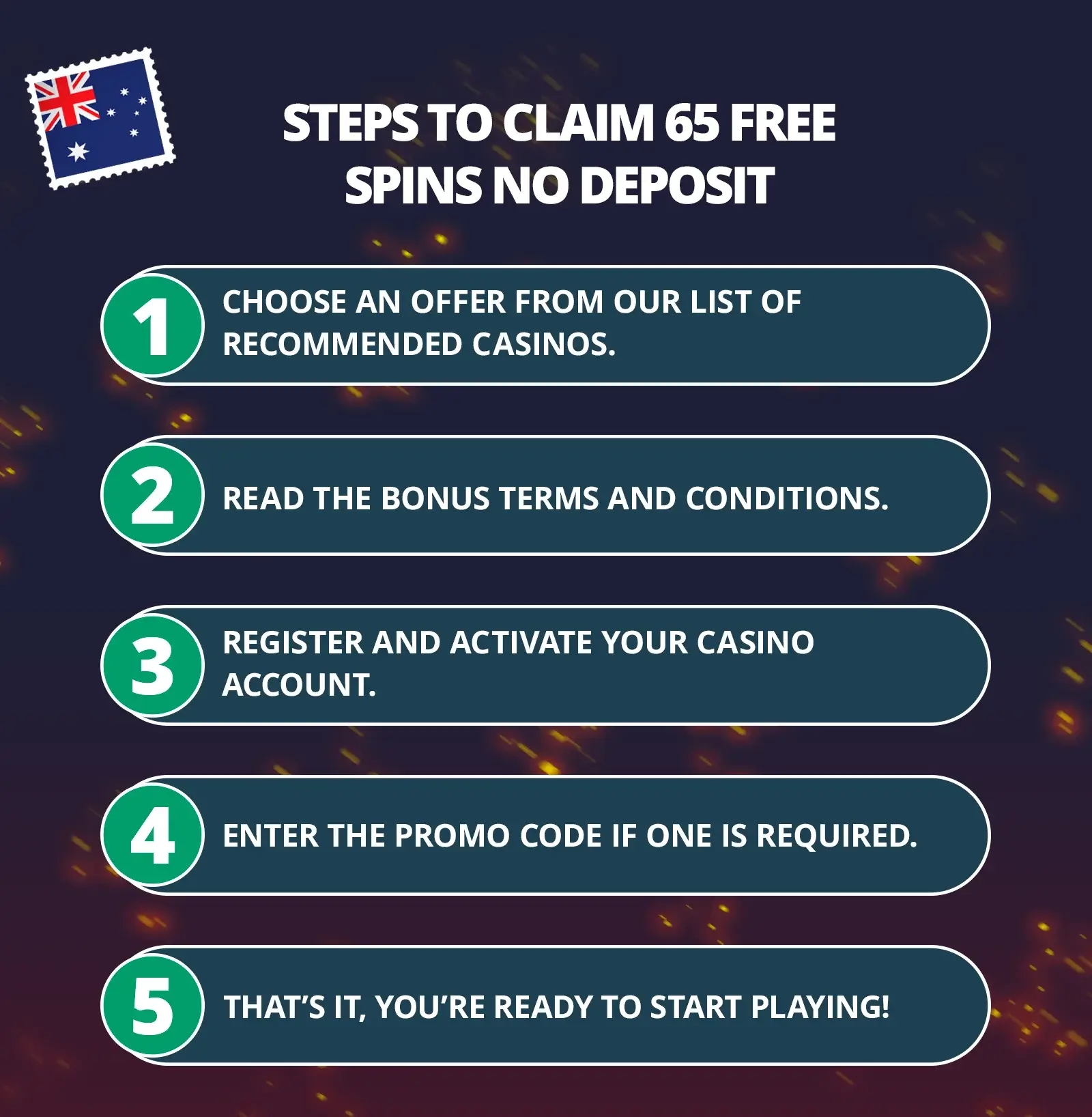 Steps to claim 65 free spins no deposit in Australia